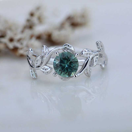 Teal Sapphire Twig Floral White Gold Engagement  Ring