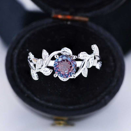 Portuguese Cut Alexandrite Twig Floral White Gold Engagement Ring