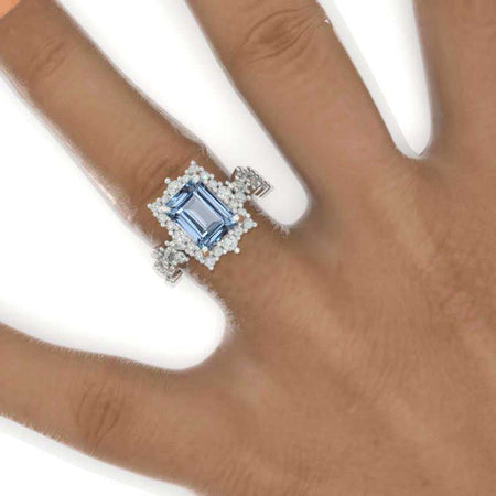 3 Carat Vintage Style 9x7mm Emerald Cut Halo Genuine Natural Aquamarine Rose Gold Floral Shank Engagement Ring