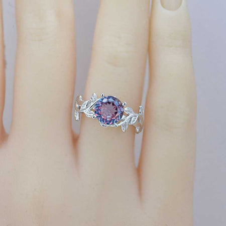 2 Carat Round Portuguese Cut Alexandrite Twig Floral White Gold Engagement  Ring