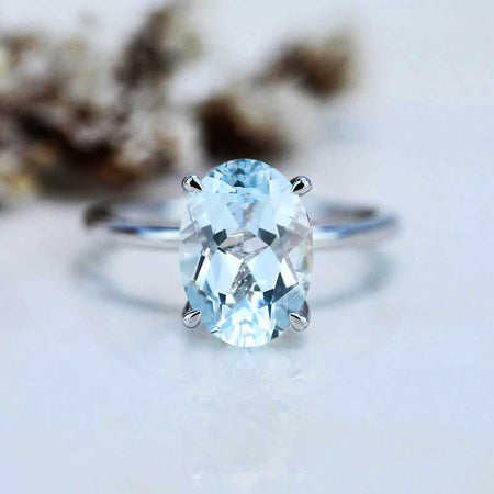 4 Carat Oval Cut Genuine Natural Aquamarine Ring, Hidden Halo Gold Engagement Ring