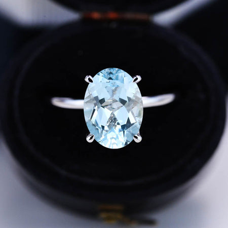 5 Carat Oval Cut Natural Aquamarine Ring, Hidden Halo Gold Engagement Ring