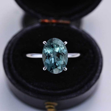 4 Carat Oval Cut Teal Sapphire Ring, Hidden Halo Gold Engagement Ring