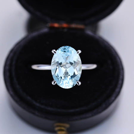 3 Carat Oval Cut Genuine Natural Aquamarine Ring, Hidden Halo Gold Engagement Ring