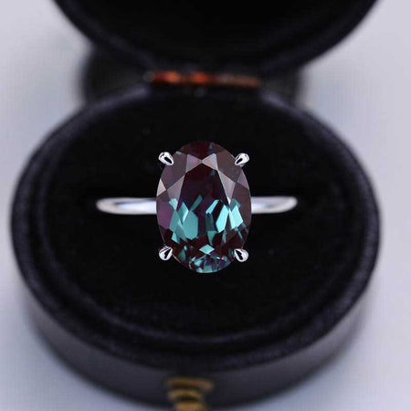 7 Carat Oval Cut Alexandrite Ring, Hidden Halo Gold Engagement Ring