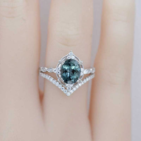 14K White Gold Ring 2CT Oval Vintage Wedding Ring, Oval Teal Sapphire Halo Engagement Ring Set