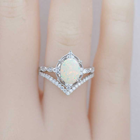 14K White Gold Ring 2CT Oval Vintage Wedding Ring, Oval White Opal Halo Engagement Ring Set