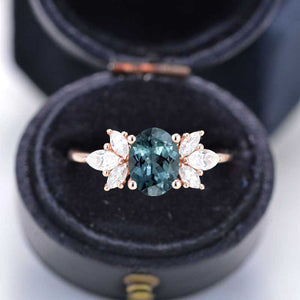 1.5 Carat Oval Teal Sapphire Cluster 14K Rose Gold Ring