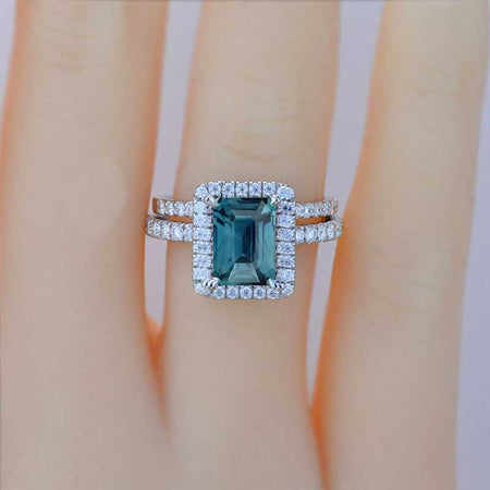 3Ct Teal Sapphire Engagement Ring Halo Radiant Cut Teal Sapphire Engagement Ring, 9x7mm Radiant Cut Teal Sapphire Engagement Ring with Eternity band