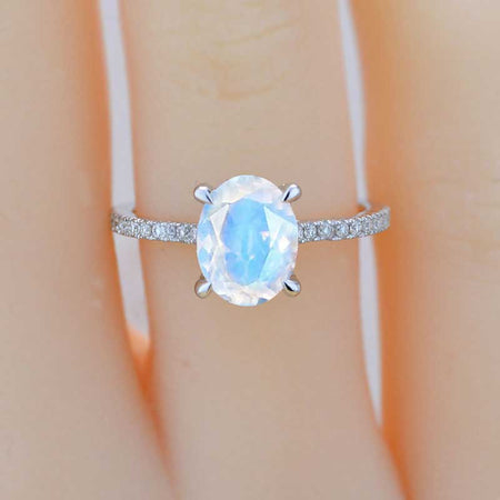 3 Carat Oval Natural Moonstone Ring, Hidden Halo Gold Engagement Ring