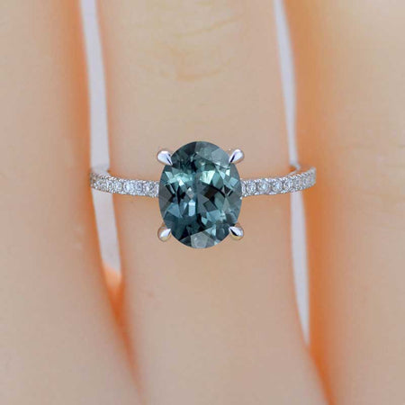 3 Carat Oval Teal Sapphire Ring, Hidden Halo Gold Engagement Ring