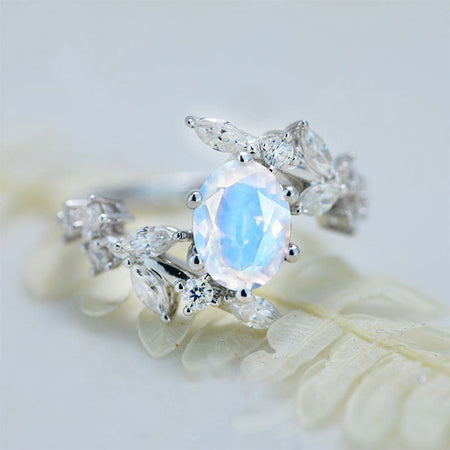 1.5 Carat Oval Genuine moonstone Floral 14K White Gold Engagement Ring