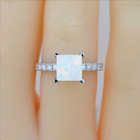 2Ct Princess Cut White Opal Engagement 14K White Gold Ring Classic Solitaire Setting