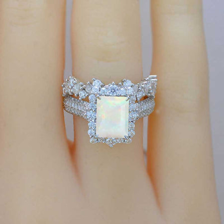 3Ct Genuine White Opal Engagement Ring. Halo Emerald Cut Genuine White Opal Engagement Ring, 9x7mm Step Cut Genuine White Opal Engagement Ring with Eternity Band