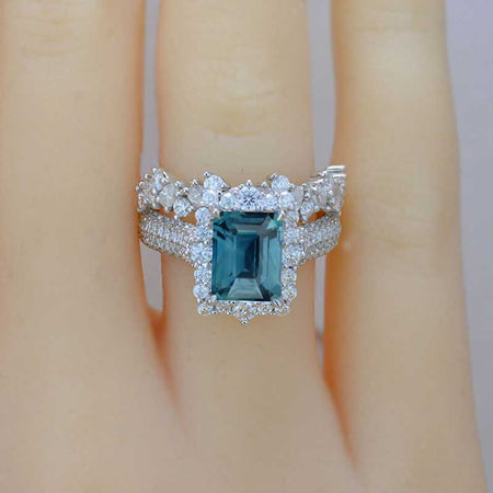 3Ct Teal Sapphire Engagement Ring. Halo Emerald Cut Teal Sapphire Engagement Ring, 9x7mm Step Cut Teal Sapphire Engagement Ring with Eternity Band