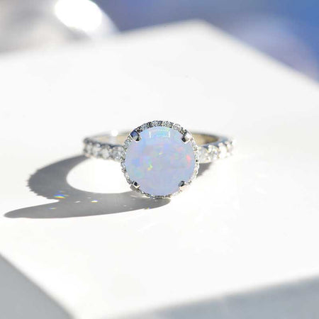 3 Carat Round Genuine White Opal Halo Gold Engagement Ring