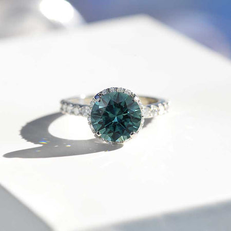 3 Carat Round Teal Sapphire Halo Gold Engagement Ring