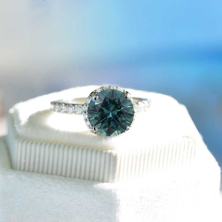 2 Carat Round Teal Sapphire Halo Gold Engagement Ring