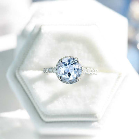 3 Carat Round Genuine Natural Aquamarine Halo Platinum Engagement Ring