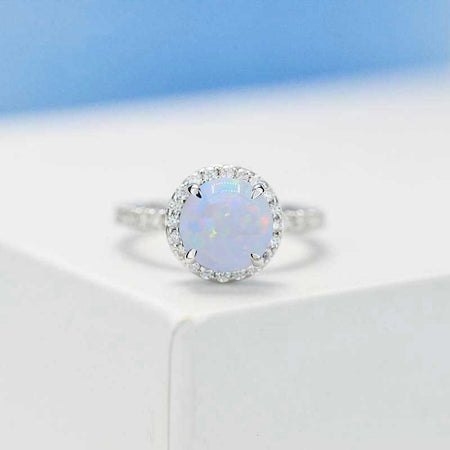 2 Carat Round White Opal Halo Gold Engagement Ring