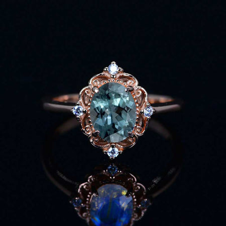 14K Solid Rose Gold Dainty Teal Sapphire Ring, 2ct Oval Cut Teal Sapphire Ring, Rose Gold Ring Unique Oval Halo Vintage Ring