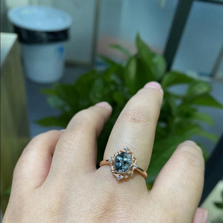 10K Solid Rose Gold Dainty Teal Sapphire Ring, 1.5ct Oval Cut Teal Sapphire Ring, Rose Gold Ring Unique Oval Halo Vintage Ring