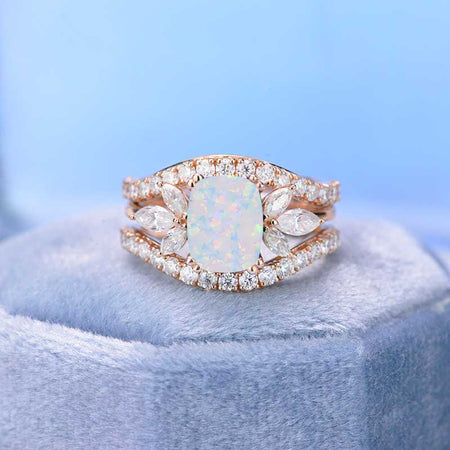 2Ct Cushion Cut White Opal Vintage Engagement Ring, Cushion White Opal Engagement Ring, Marquise Side Accents Stones 14K Rose Gold Ring Set