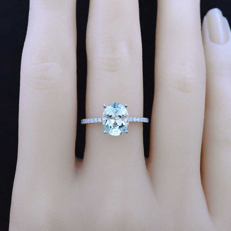 3 Carat Oval Giliarto Genuine Natural Aquamarine Hidden Halo Engagement Ring