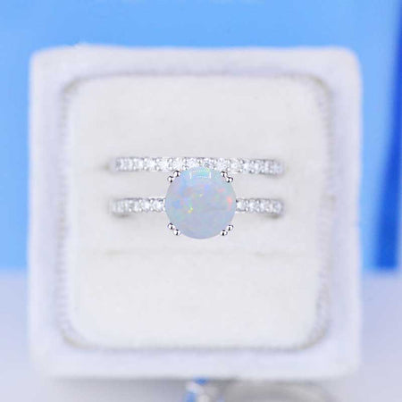 2 Carat White Opal Engagement Eternity Two Rings Set