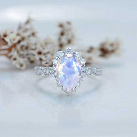 14K White Gold 3 Carat Pear Genuine moonstone Halo Engagement Ring