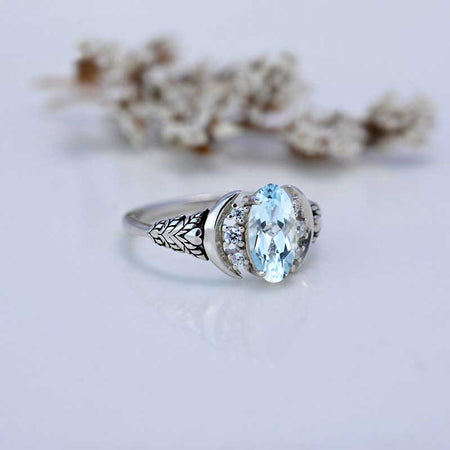 White Gold Dainty Genuine Natural Aquamarine Leaf Ring, 3ct Marquise Shaped Genuine Natural Aquamarine Twig Ring