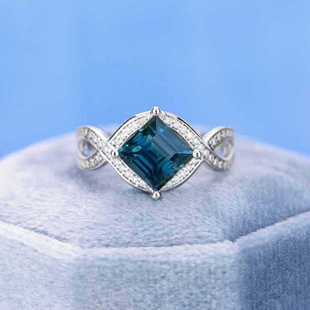 2 Carat Princess Cut Teal Sapphire Stone 14K White Gold Ring