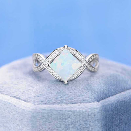 2 Carat  Princess Cut White Opal Stone 14K White Gold Ring