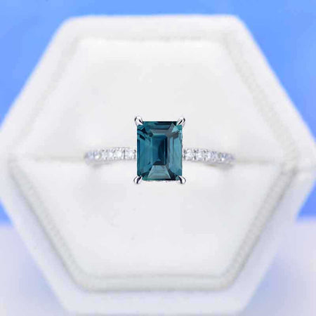 3 Carat Giliarto Emerald Cut Teal Sapphire Hidden Halo Engagement Ring