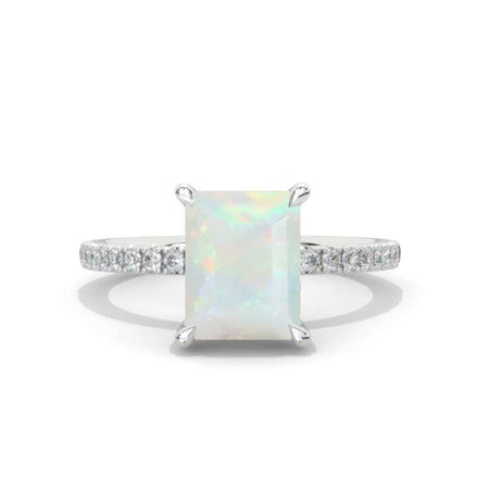 3 Carat Emerald Cut White Opal Hidden Halo Engagement Ring