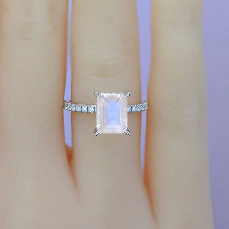 3 Carat Emerald Cut Natural Moonstone Hidden Halo Engagement Ring