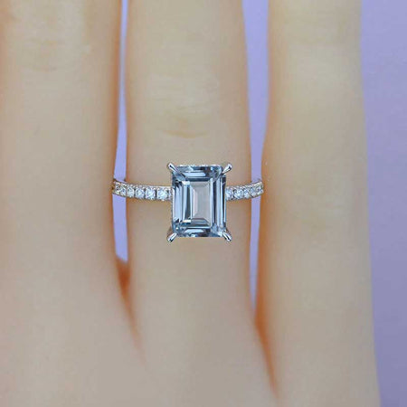 3 Carat Emerald Cut Genuine Natural Aquamarine Hidden Halo Engagement Ring