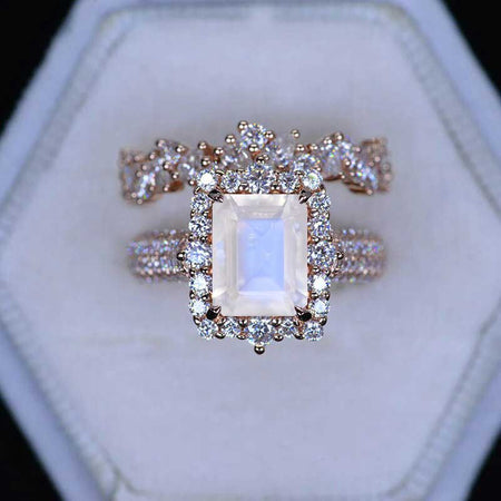 3Ct Natural Moonstone Engagement Ring. Halo Emerald Cut Natural Moonstone 14K Rose Gold Engagement Ring Set