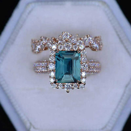 3Ct Teal Sapphire Engagement Ring. Halo Emerald Cut Teal Sapphire 14K Rose Gold Engagement Ring Set