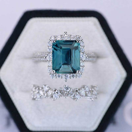 3Ct Teal Sapphire Engagement Ring. Halo Emerald Cut Teal Sapphire Engagement Ring, 9x7mm Step Cut Teal Sapphire Engagement Ring with Eternity Band