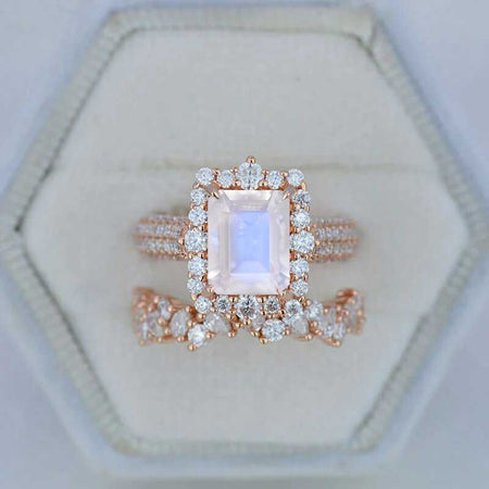 3Ct Natural Moonstone Engagement Ring. Halo Emerald Cut Natural Moonstone 14K Rose Gold Engagement Ring