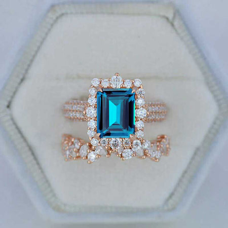 3Ct Cornflower Sapphire Engagement Ring. Halo Emerald Cut Cornflower Sapphire 14K Rose Gold Engagement Ring