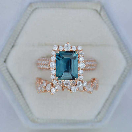 3Ct Teal Sapphire Engagement Ring. Halo Emerald Cut Teal Sapphire 14K Rose Gold Engagement Ring