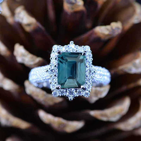 3Ct Teal Sapphire Engagement Ring Halo Emerald Step Cut Teal Sapphire Engagement Ring