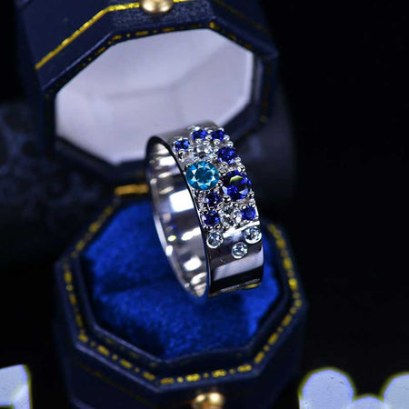 "Stars Sky " Giliarto Men's Ring with Cornflower Sapphire Stones 14K White Gold Ring