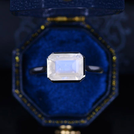 3Ct Genuine moonstone Engagement Ring, Bezel Set Emerald Cut Genuine moonstone Engagement Ring, Genuine moonstone Classic Engagement Ring