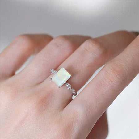 3 Carat Emerald Shape Step Cut Genuine White Opal Luxury Vintage Ring