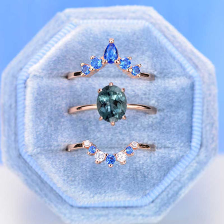 3 Carat Oval Vintage Teal Sapphire Gold  Ring- Three Ring Set