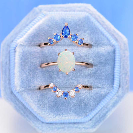 3 Carat Oval Vintage White Opal Gold  Ring- Three Ring Set