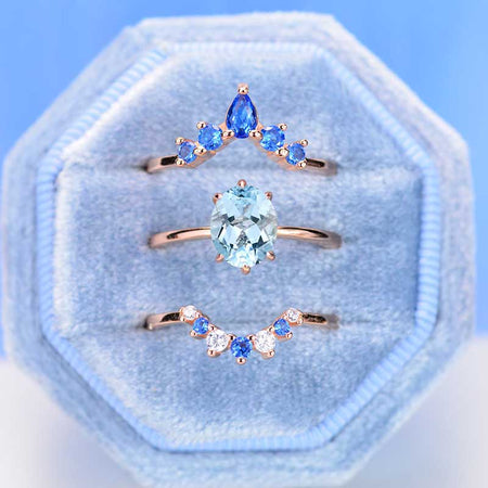 3 Carat Oval Vintage Genuine Natural Aquamarine Gold  Ring- Three Ring Set